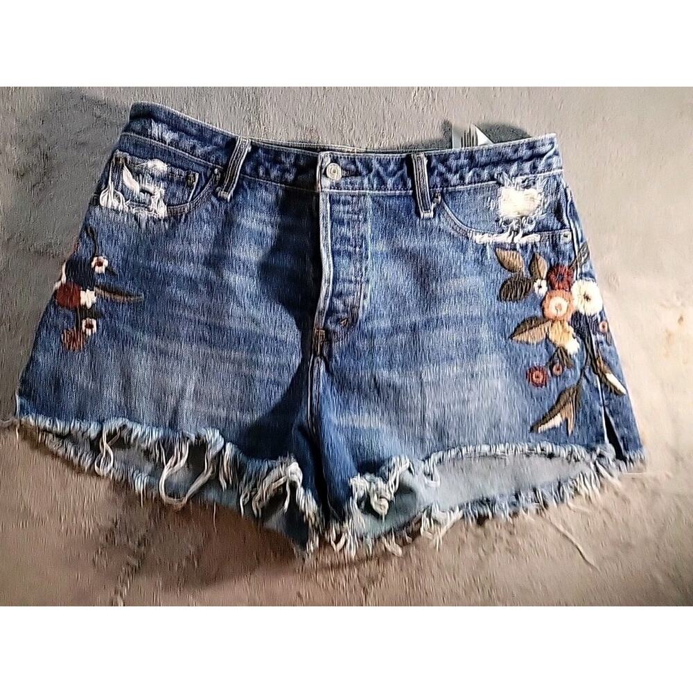 Abercrombie Annie High Rise Jean Shorts Size 12 Embroidered Floral Coconut Girl